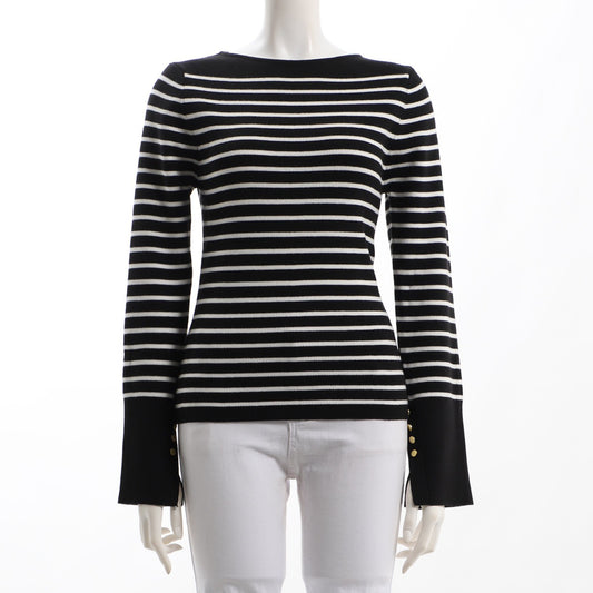 スリットゴールドボタンボーダー柄リブニット