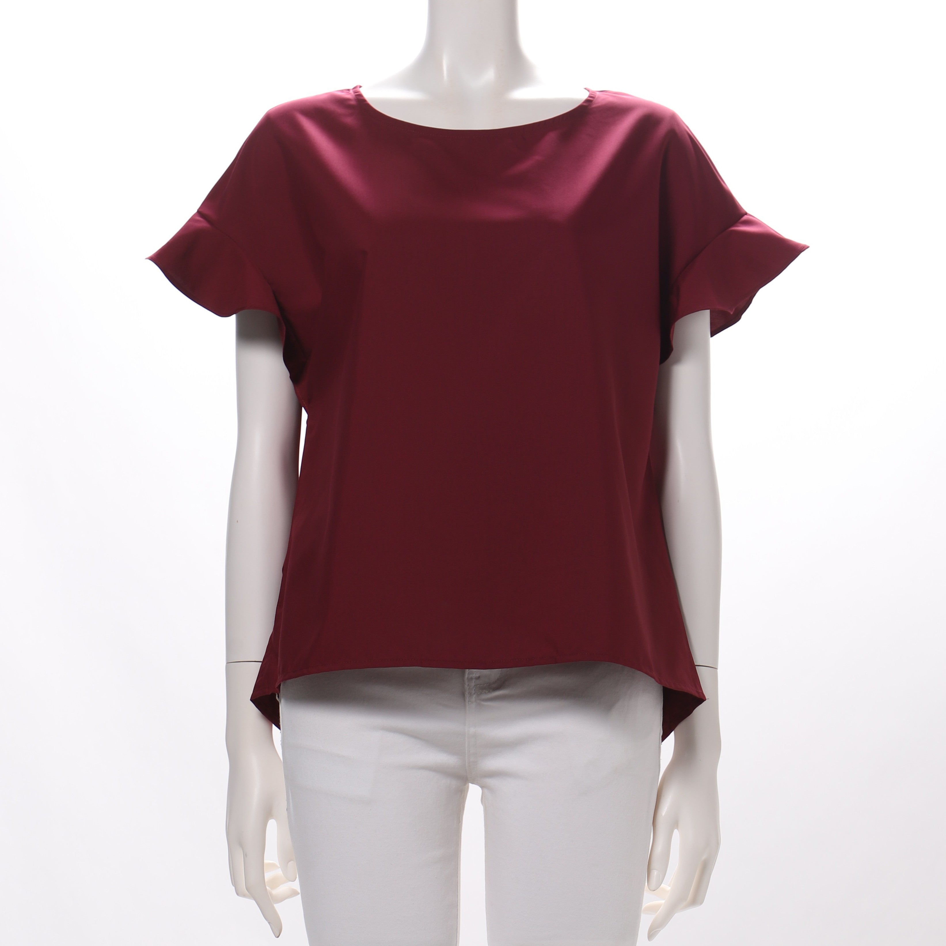 袖フリルラウンドネックブラウス