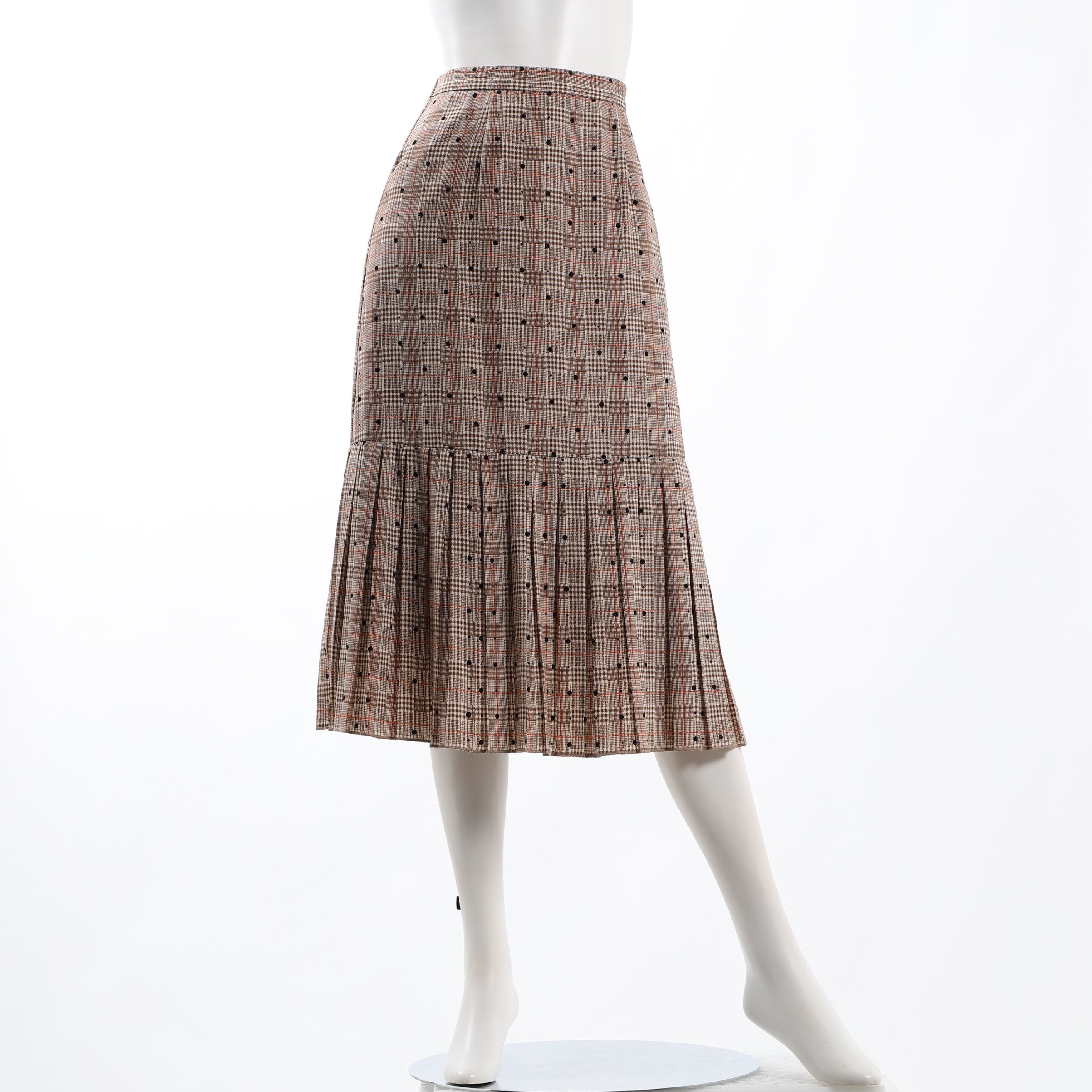 ブロッキードットとチェックプリントの裾プリーツスカート