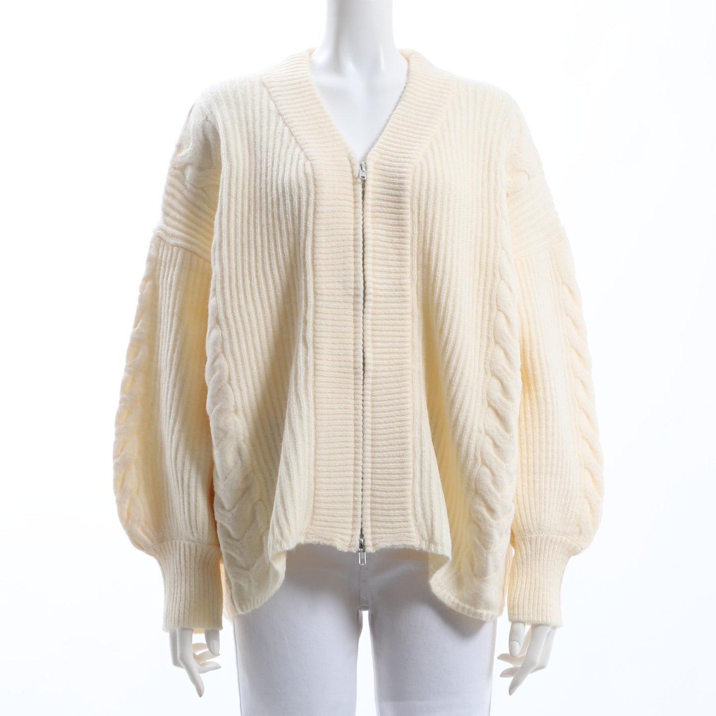 編み柄ジップカーディガン