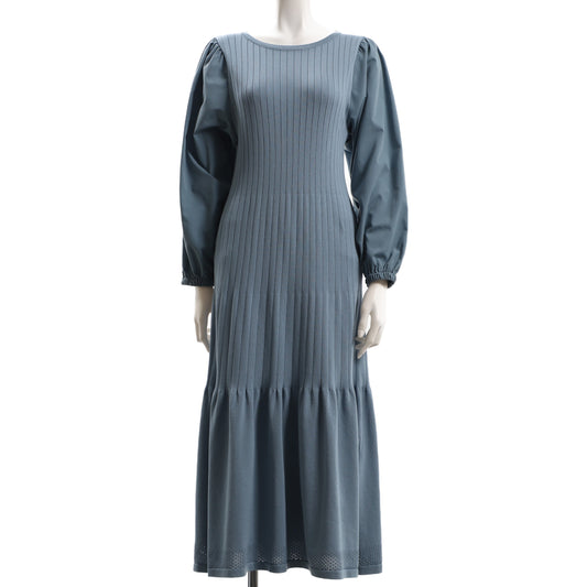 ボリュームスリーブ異素材切り替えニットワンピース