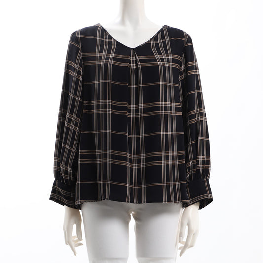 チェック柄Vネックブラウス