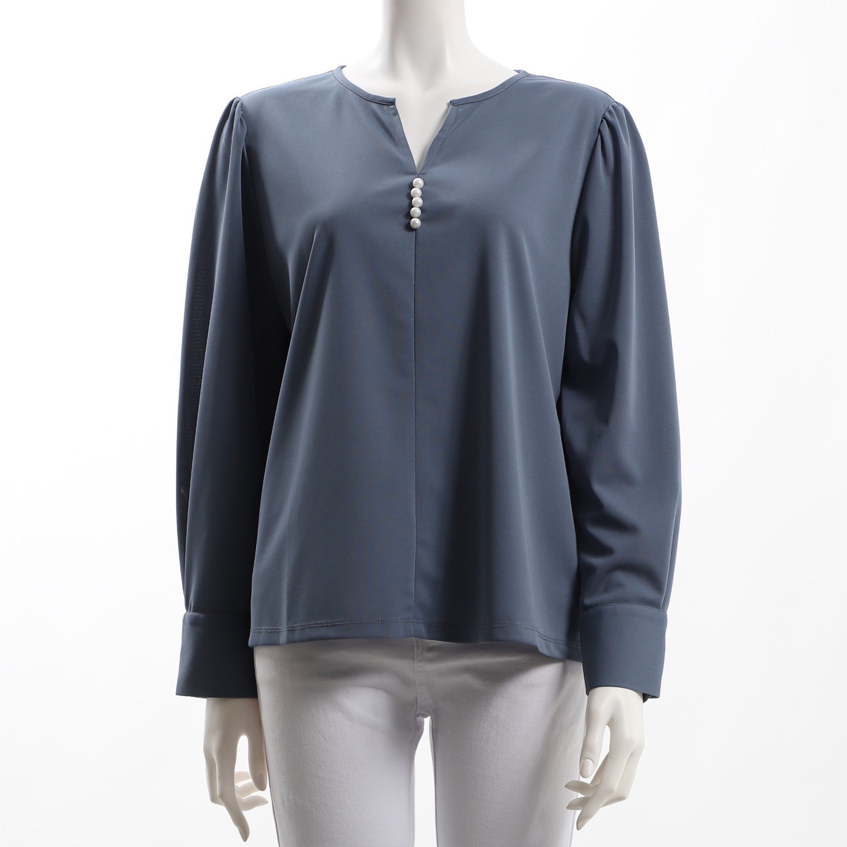 パール装飾オープンフロントネックブラウス