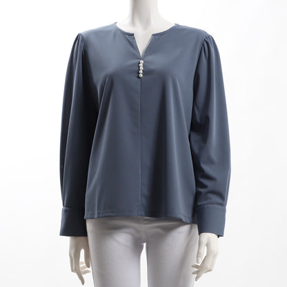 パール装飾オープンフロントネックブラウス