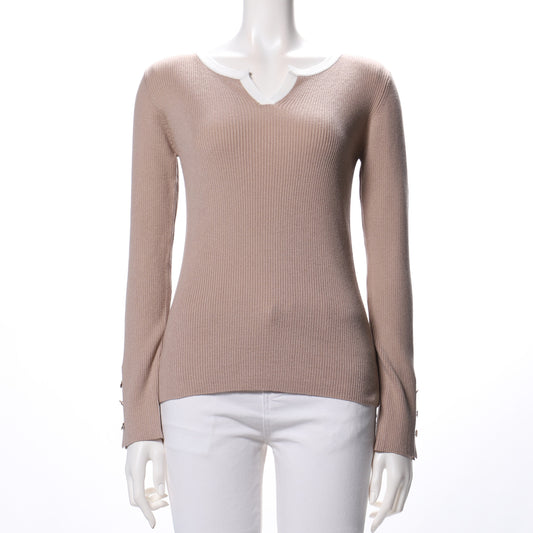 衿配色リブオープンフロントネックニット