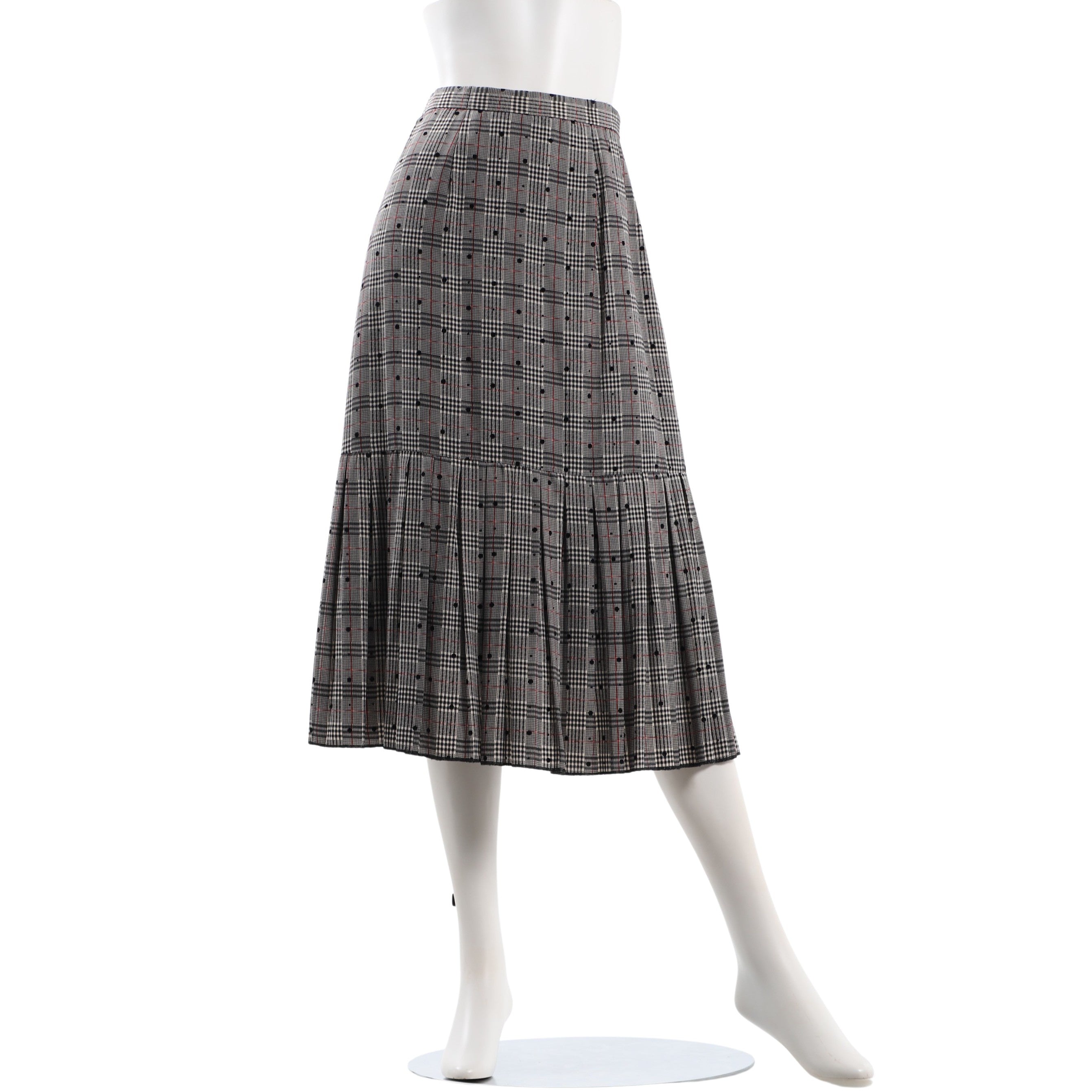 ブロッキードットとチェックプリントの裾プリーツスカート