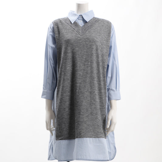 ロングシャツニットベストレイヤードワンピース