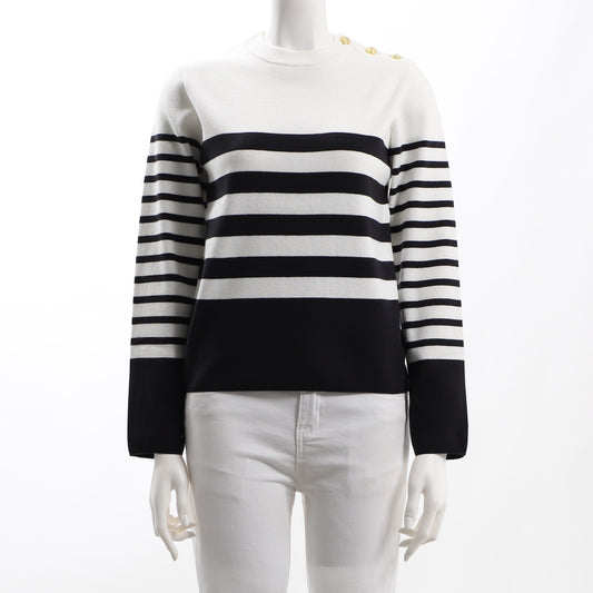 肩ボタンデザインボーダー柄ニット