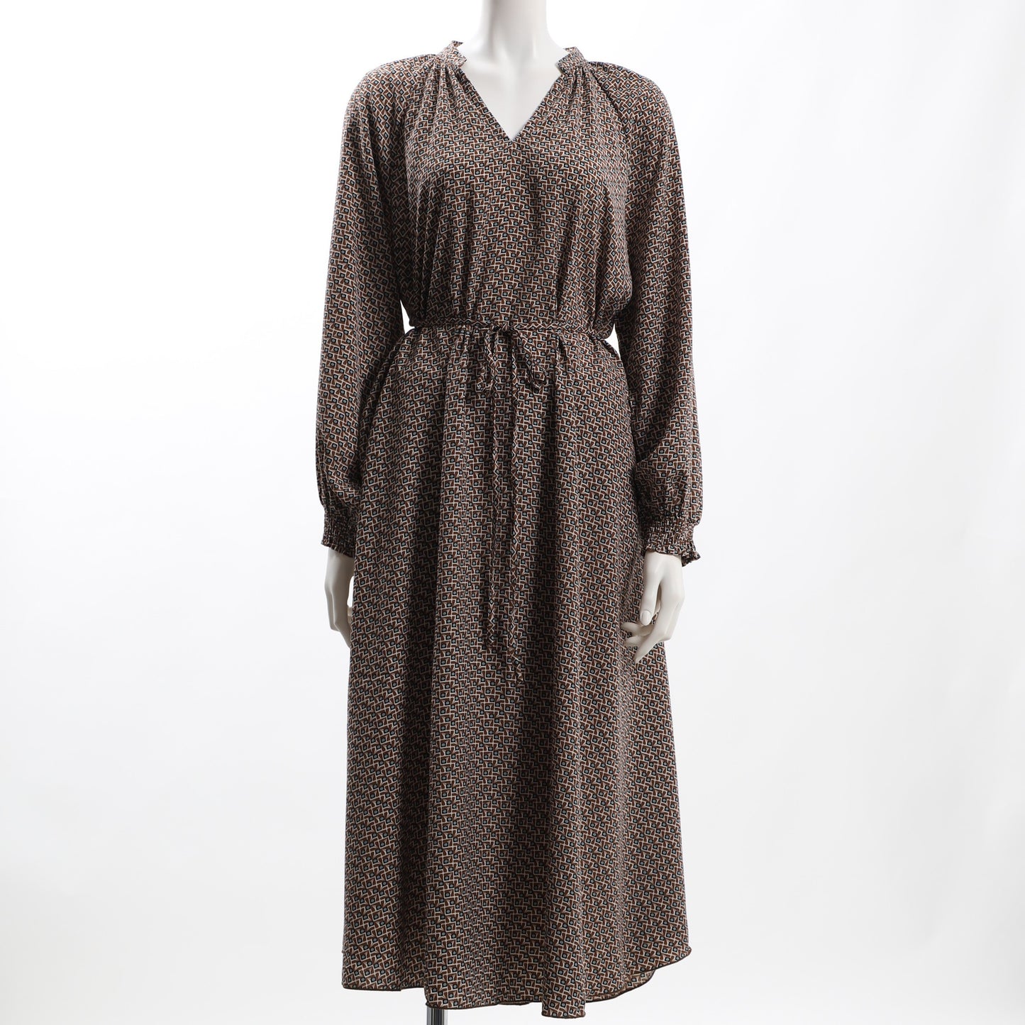 小紋柄ウエストリボン総柄ワンピース