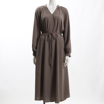 小紋柄ウエストリボン総柄ワンピース