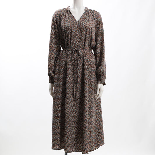 小紋柄ウエストリボン総柄ワンピース