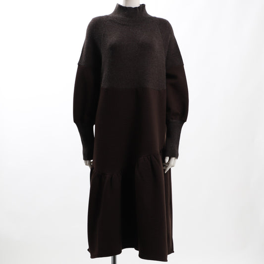 異素材切り替えデザインハイネックニットワンピース