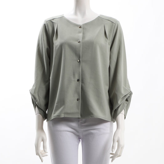 袖シャーリングフロントボタンブラウス