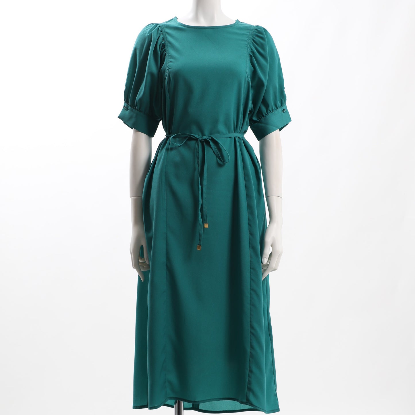 パフスリーブウエストリボン付きワンピース