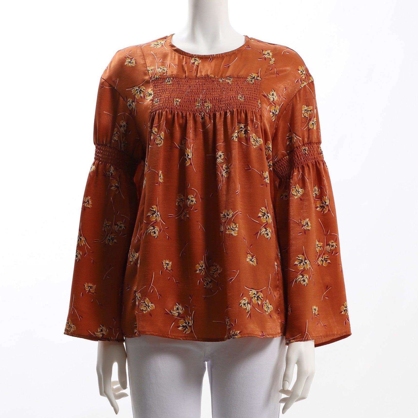 シャーリングデザイン花柄ブラウス