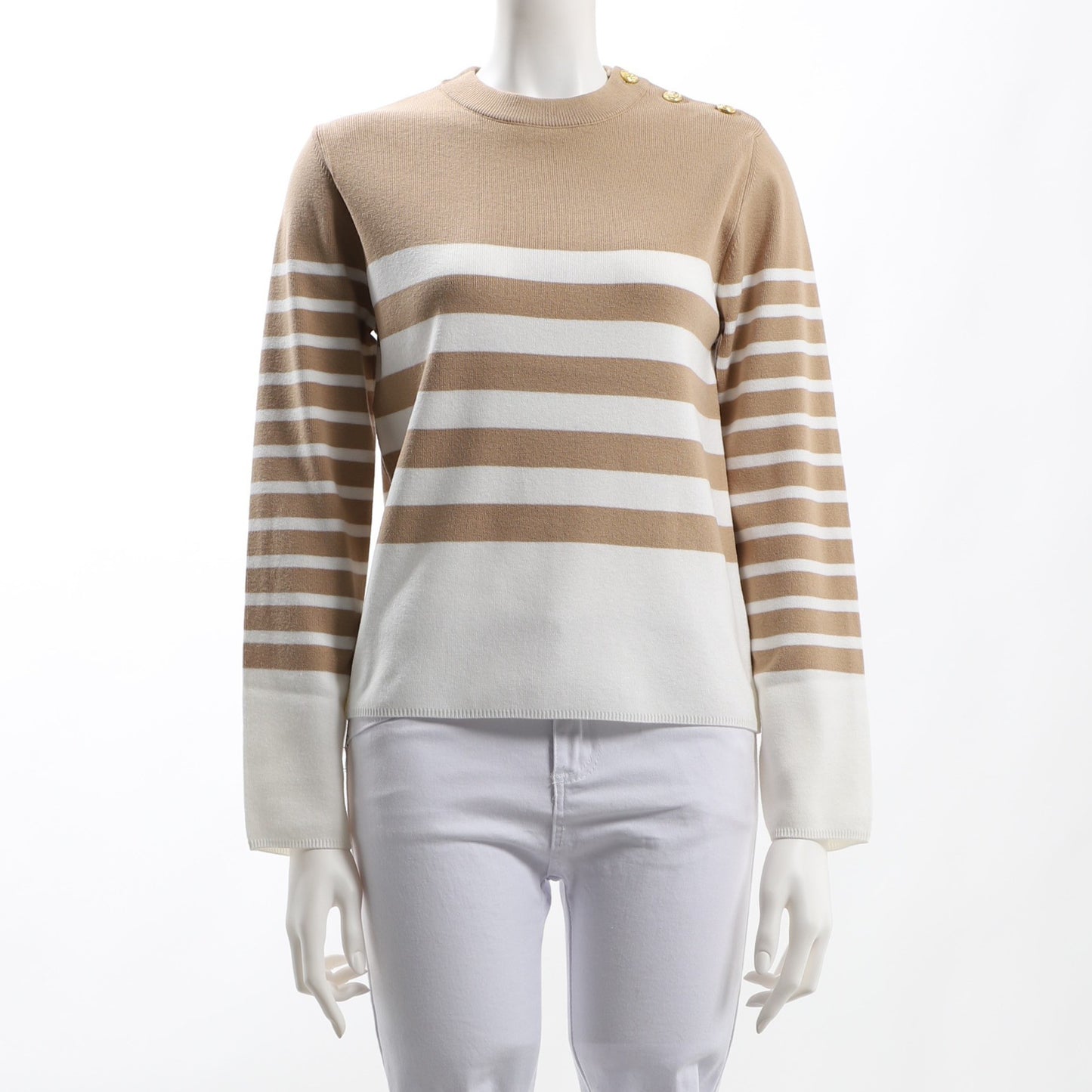 肩ボタンデザインボーダー柄ニット