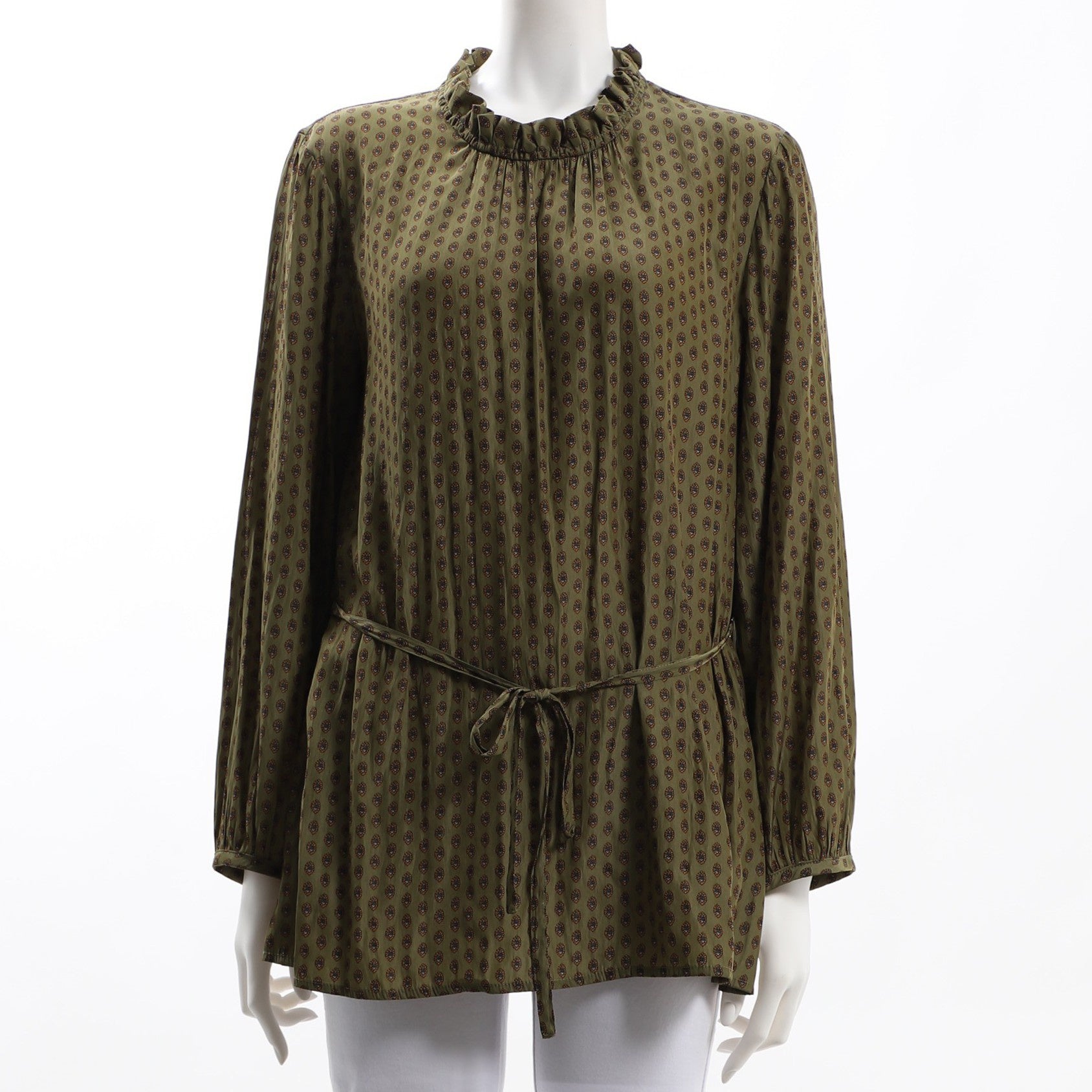 ウエストリボンフリルネック総柄ブラウス