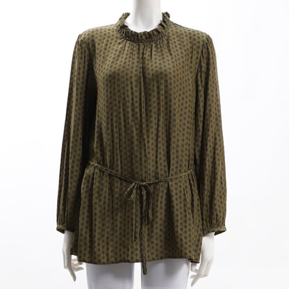 ウエストリボンフリルネック総柄ブラウス