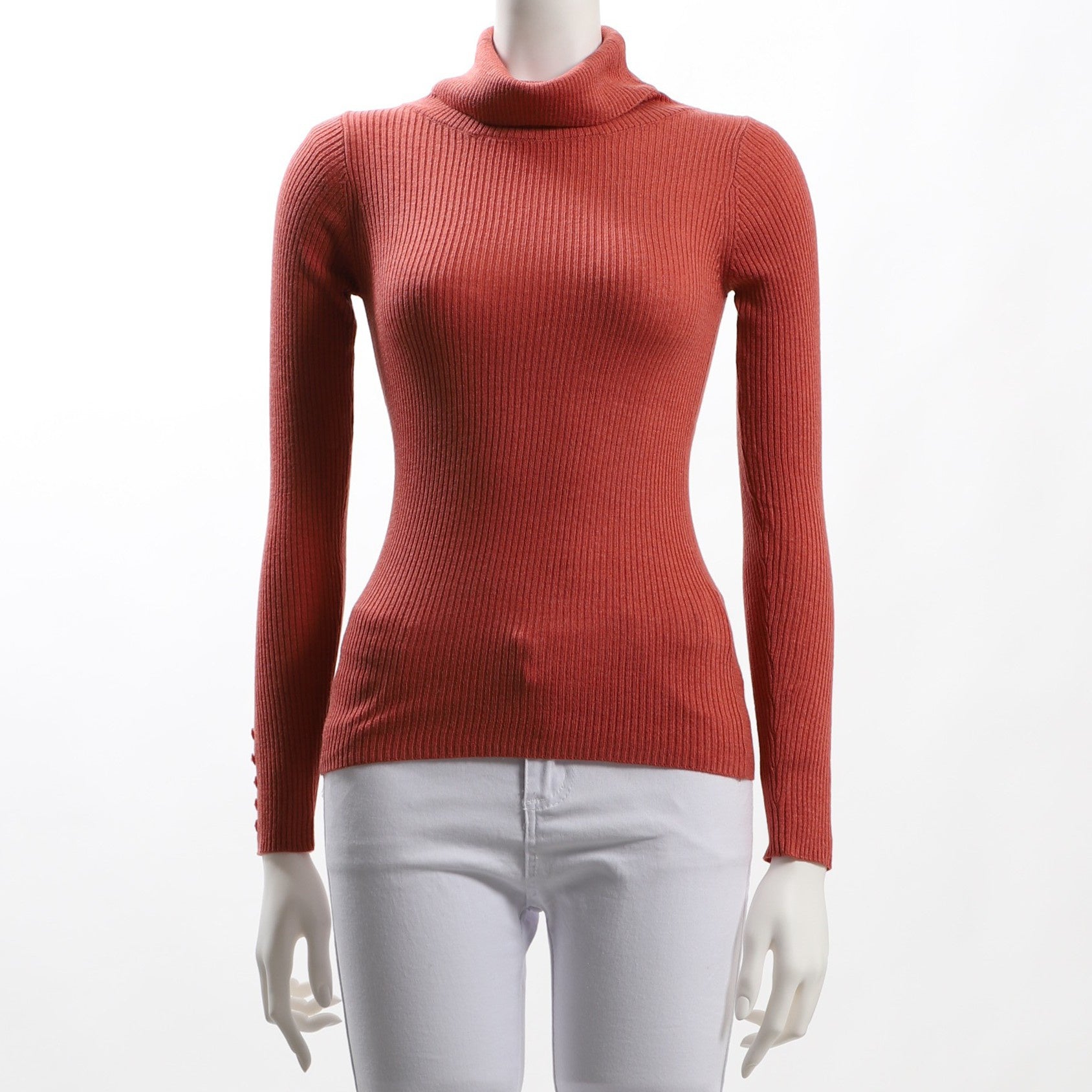 ボタン付きタートルネックリブニット