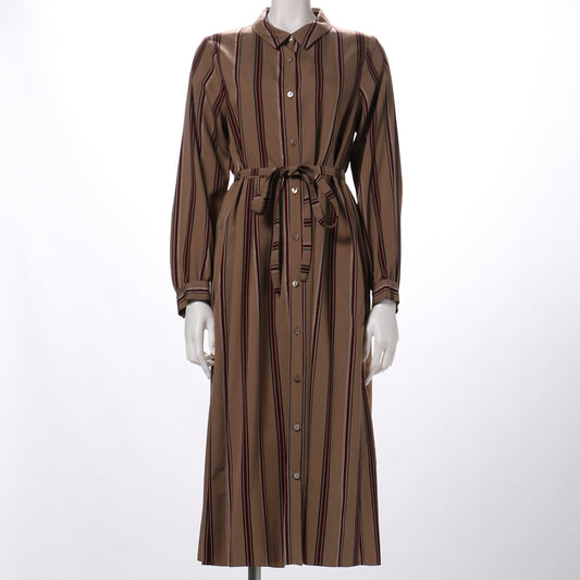 リボンベルト付きストライプ柄シャツドレス