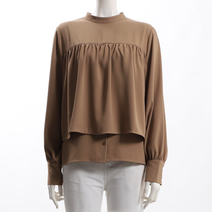 ケープデザイン前開きスタンドカラーブラウス