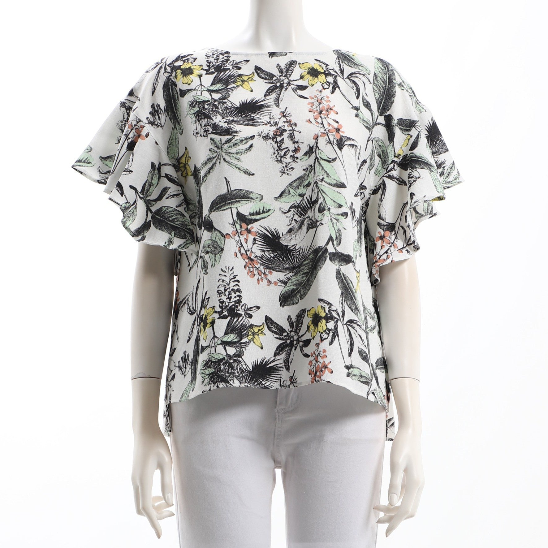 麻調パームツリープリントフレアスリーブブラウス