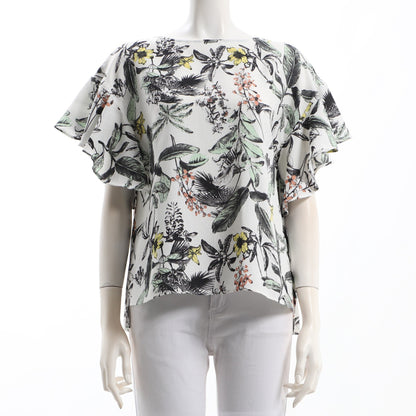 麻調パームツリープリントフレアスリーブブラウス