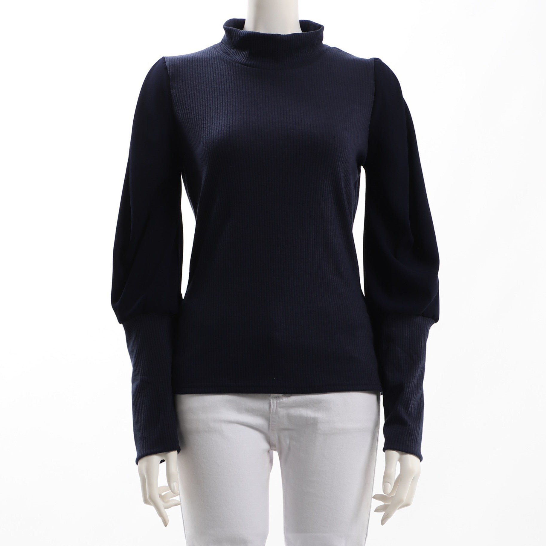 異素材切り替えボトルネックリブニット