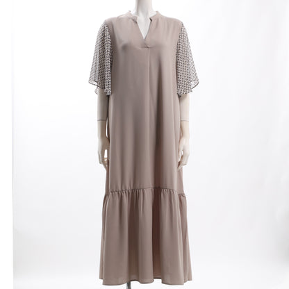 柄袖フレア裾切り替えティアードワンピース