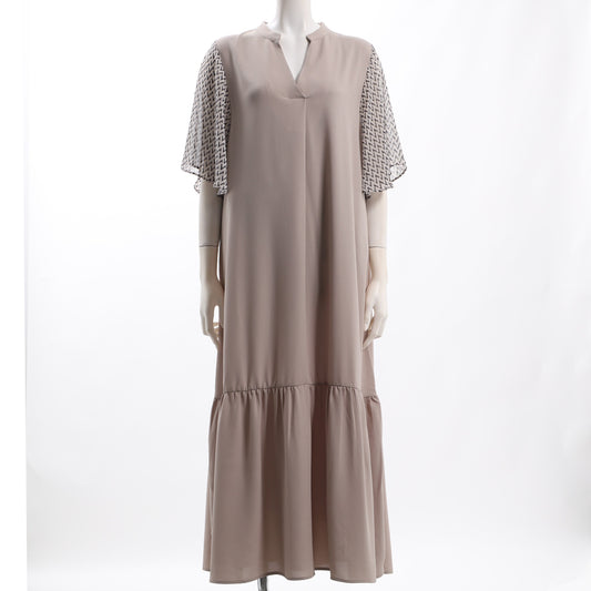 柄袖フレア裾切り替えティアードワンピース