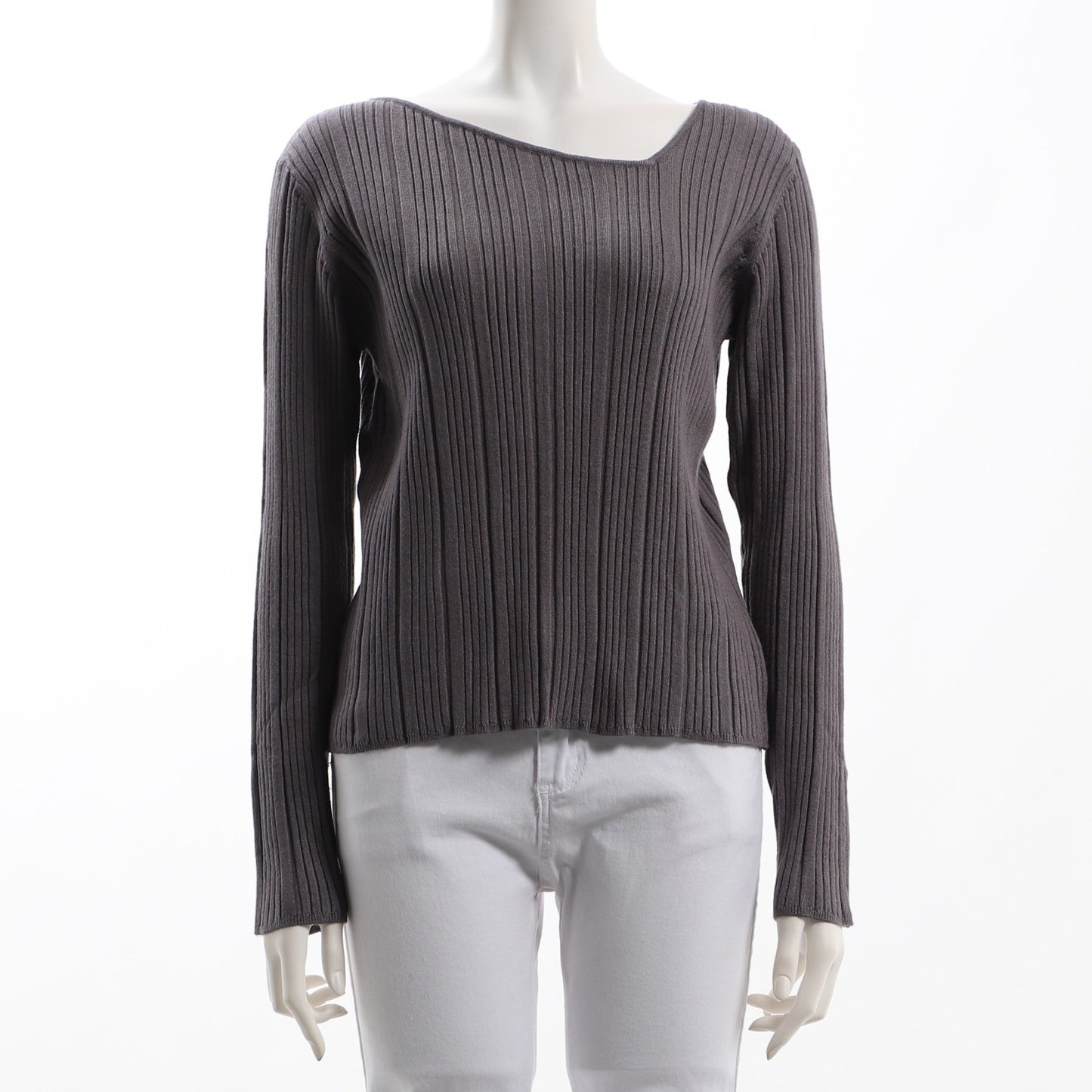 アシンメトリーネックリブニットトップス