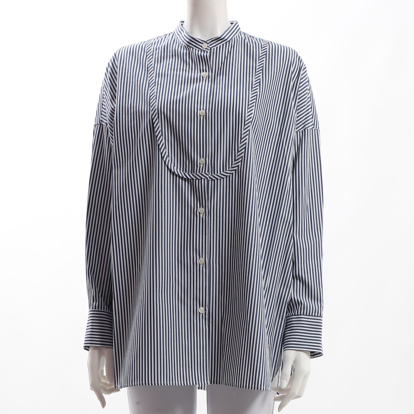 ブザム切り替えストライプ柄バンドカラーシャツ