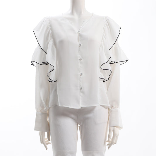 透け感ラッフルスリーブフロントボタンブラウス