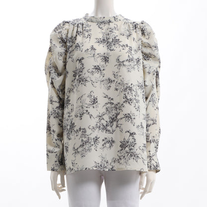 パワショルデザインフラワープリントスタンドカラーブラウス