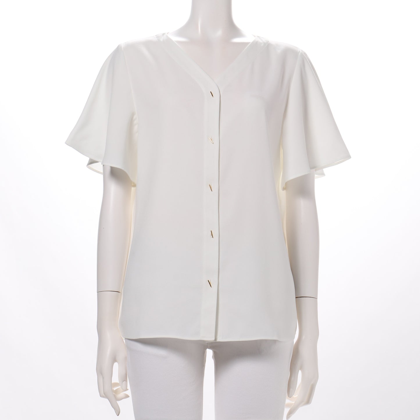 ゴールドバーボタン前開きVネックブラウス