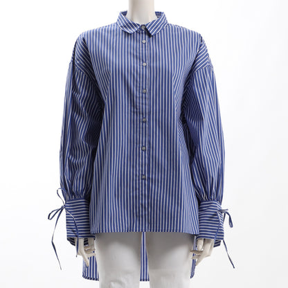 袖口リボンストライプシャツ