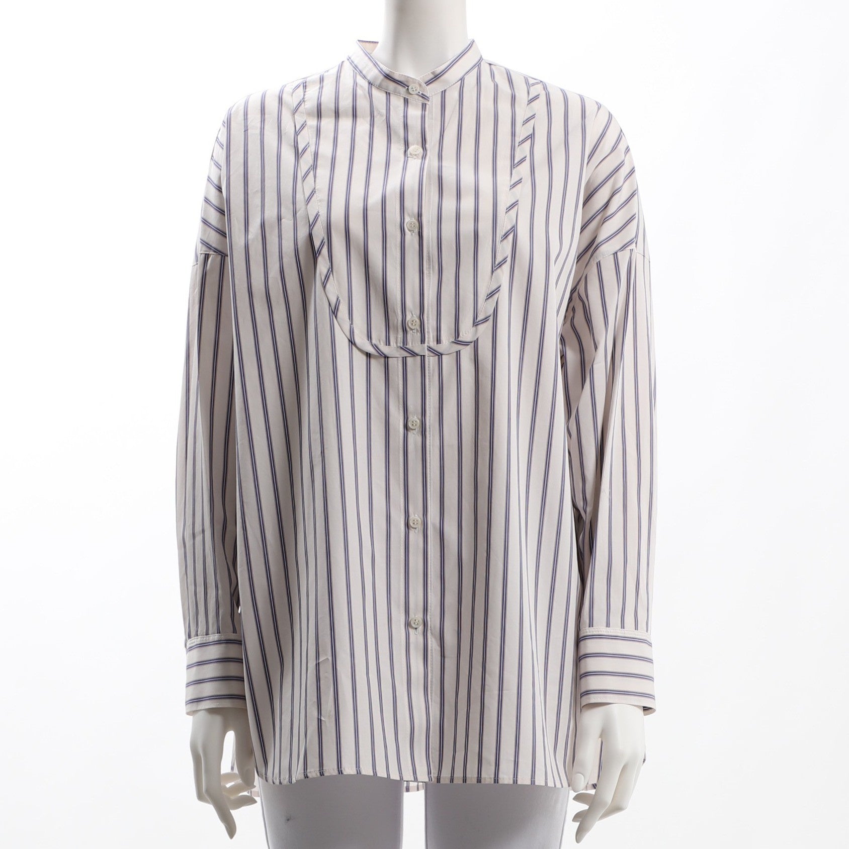 ブザム切り替えストライプ柄バンドカラーシャツ