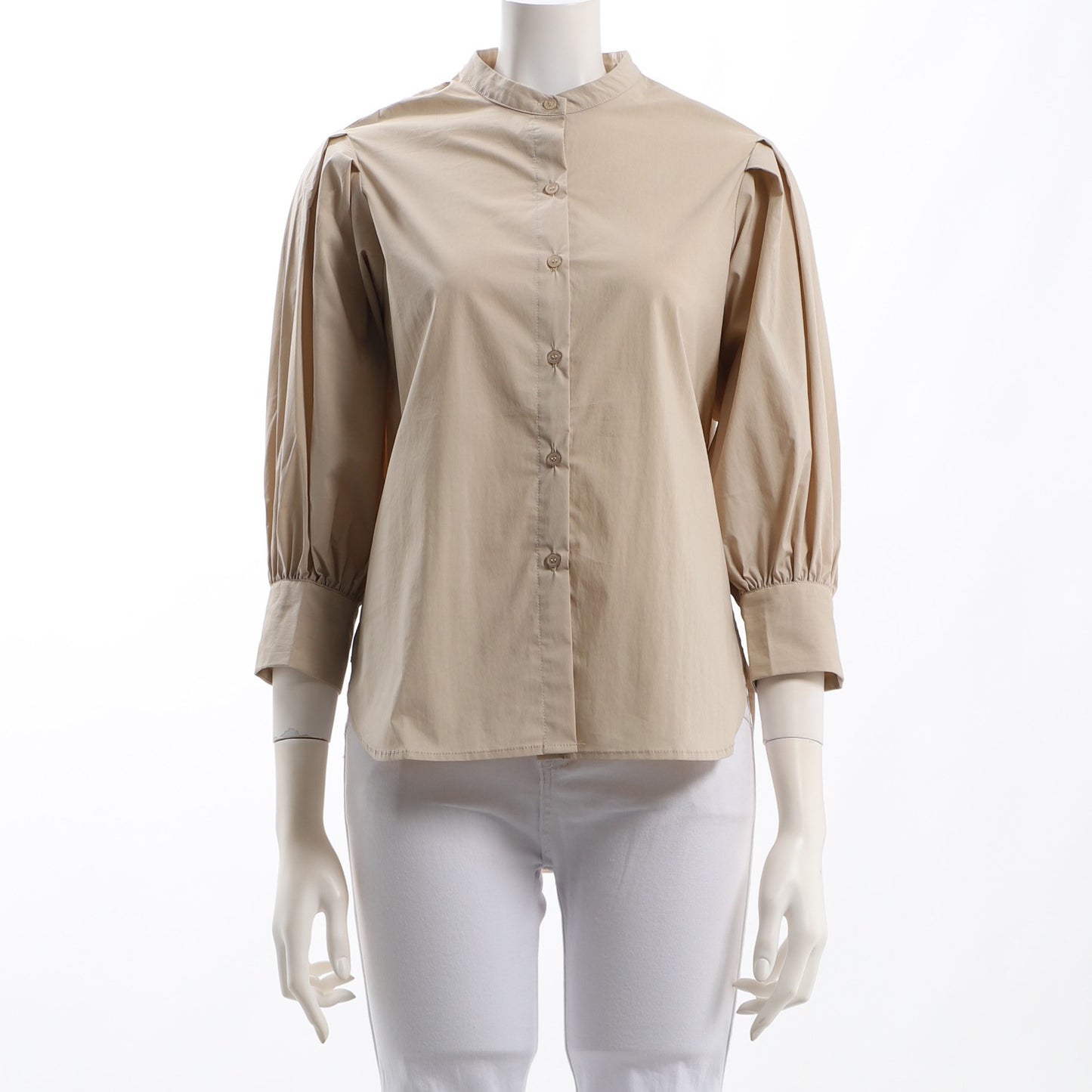 お袖デザイン前開きバンドカラーブラウス