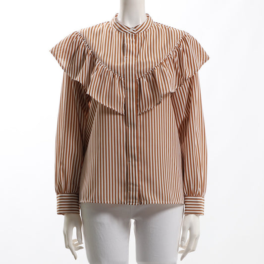 ストライプ柄前開きフリルブラウス