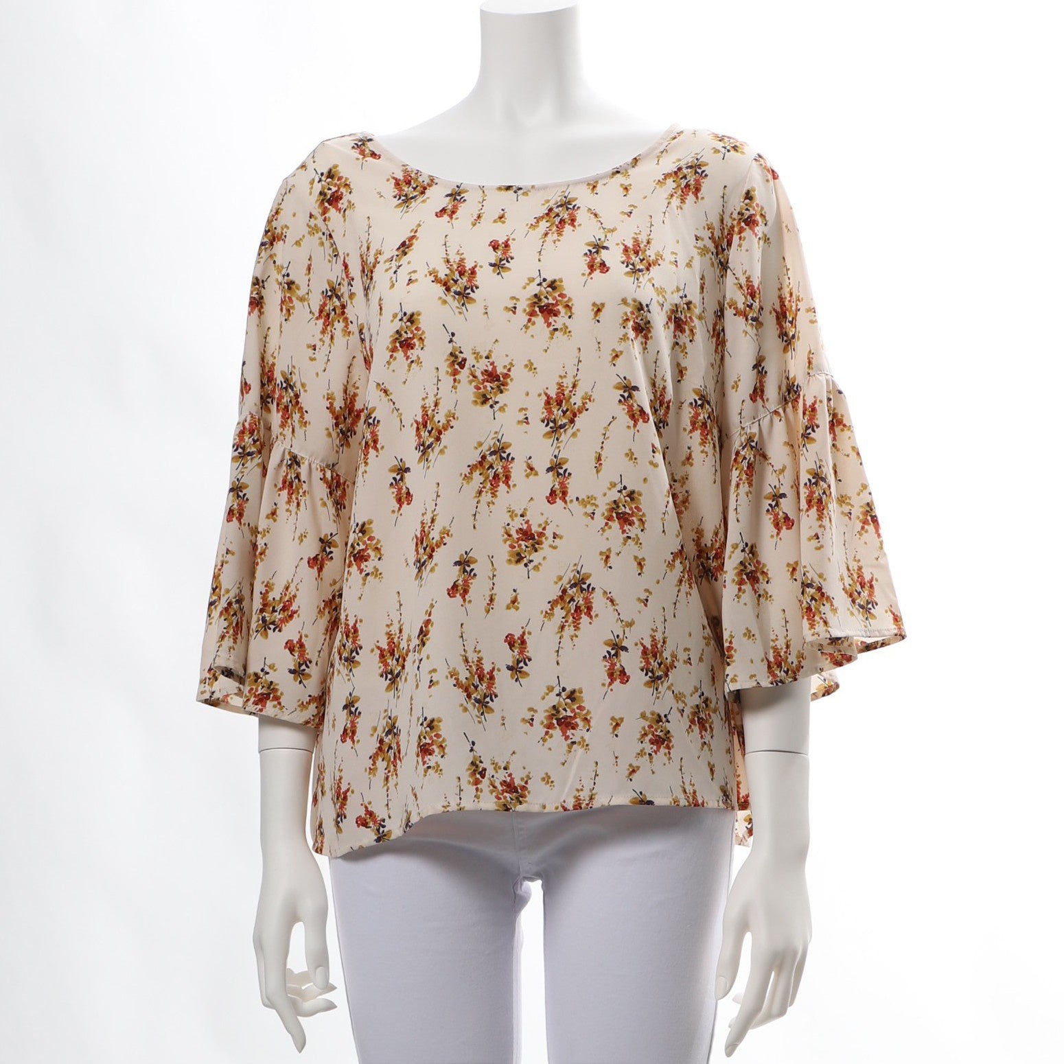 お袖デザインバックボタン花柄ブラウス