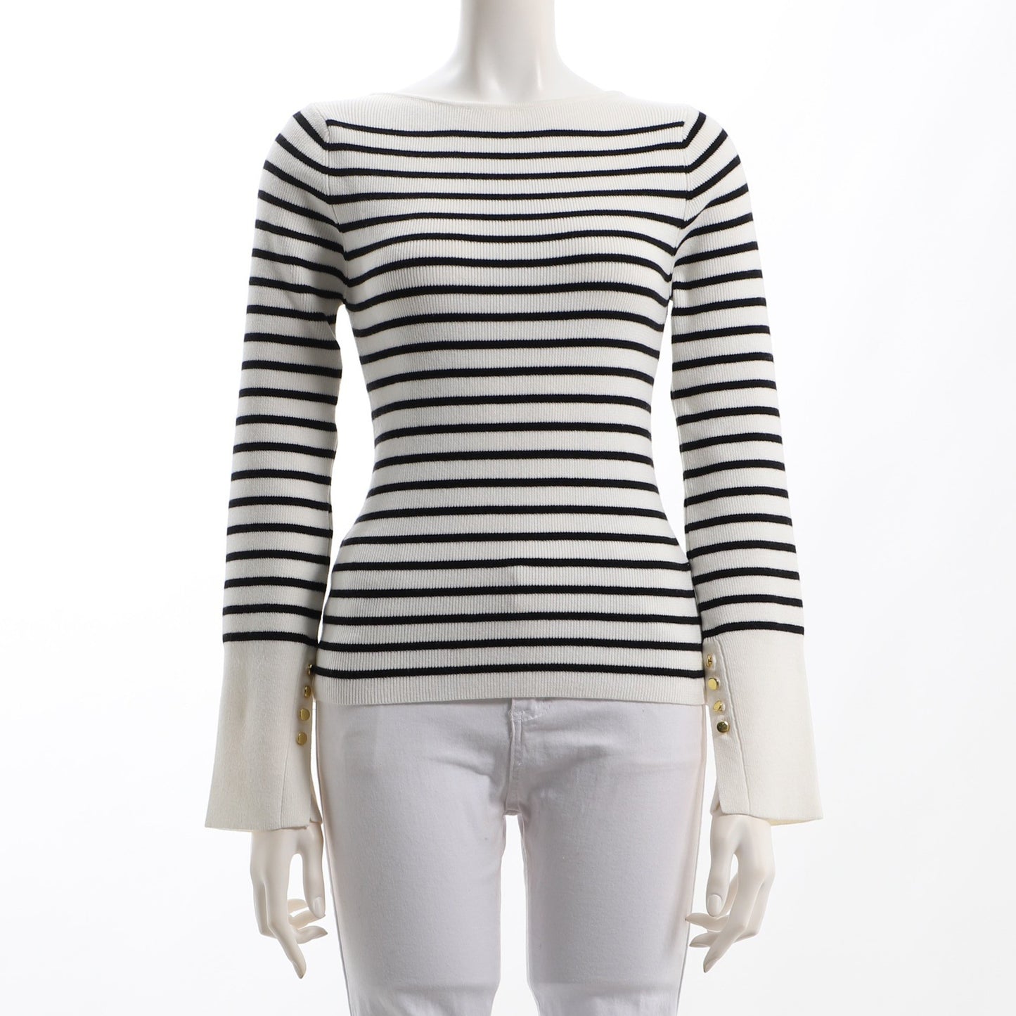 スリットゴールドボタンボーダー柄リブニット