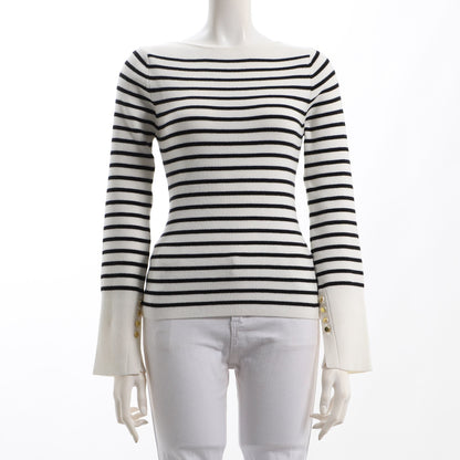 スリットゴールドボタンボーダー柄リブニット