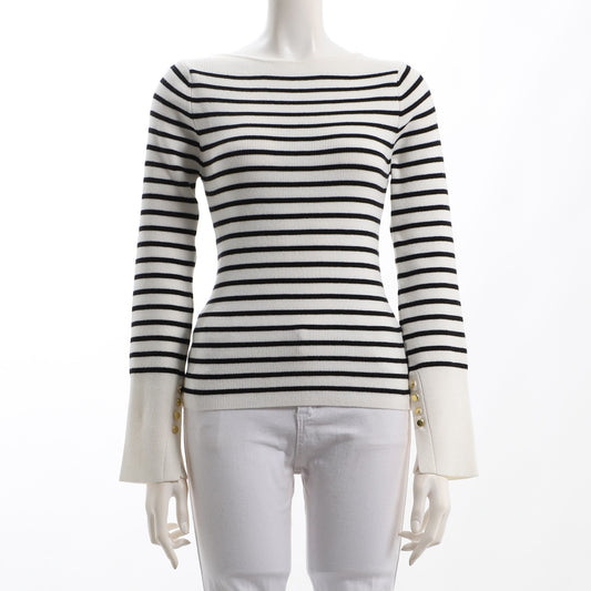 スリットゴールドボタンボーダー柄リブニット