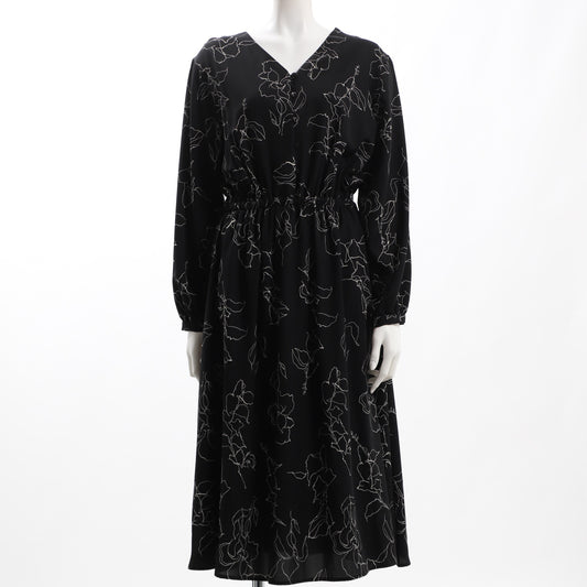 Vネック線画フラワーワンピース