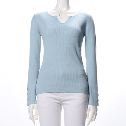 衿配色リブオープンフロントネックニット