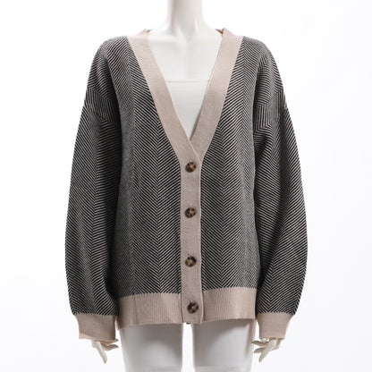 ヘリンボーン柄Vネックカーディガン
