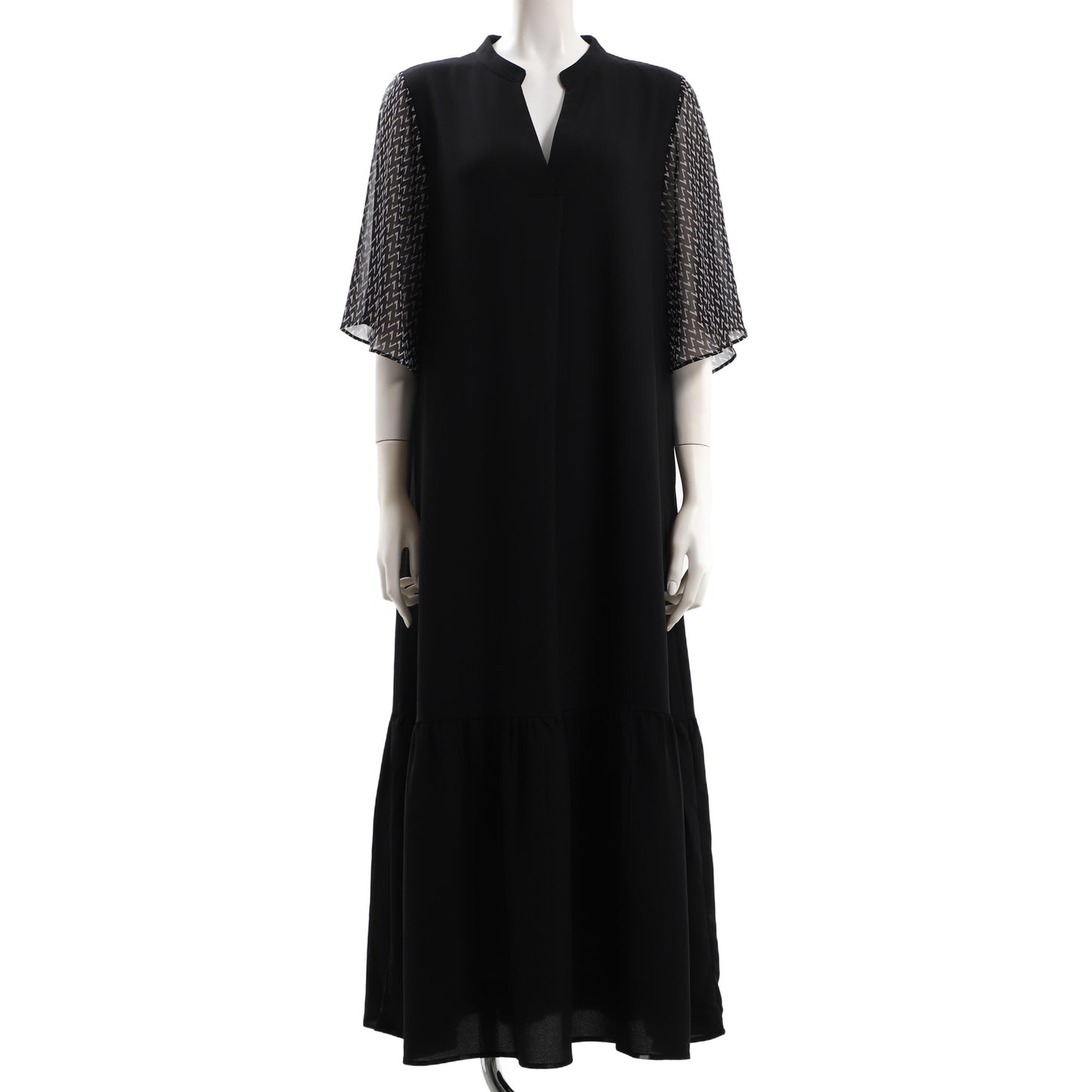 柄袖フレア裾切り替えティアードワンピース