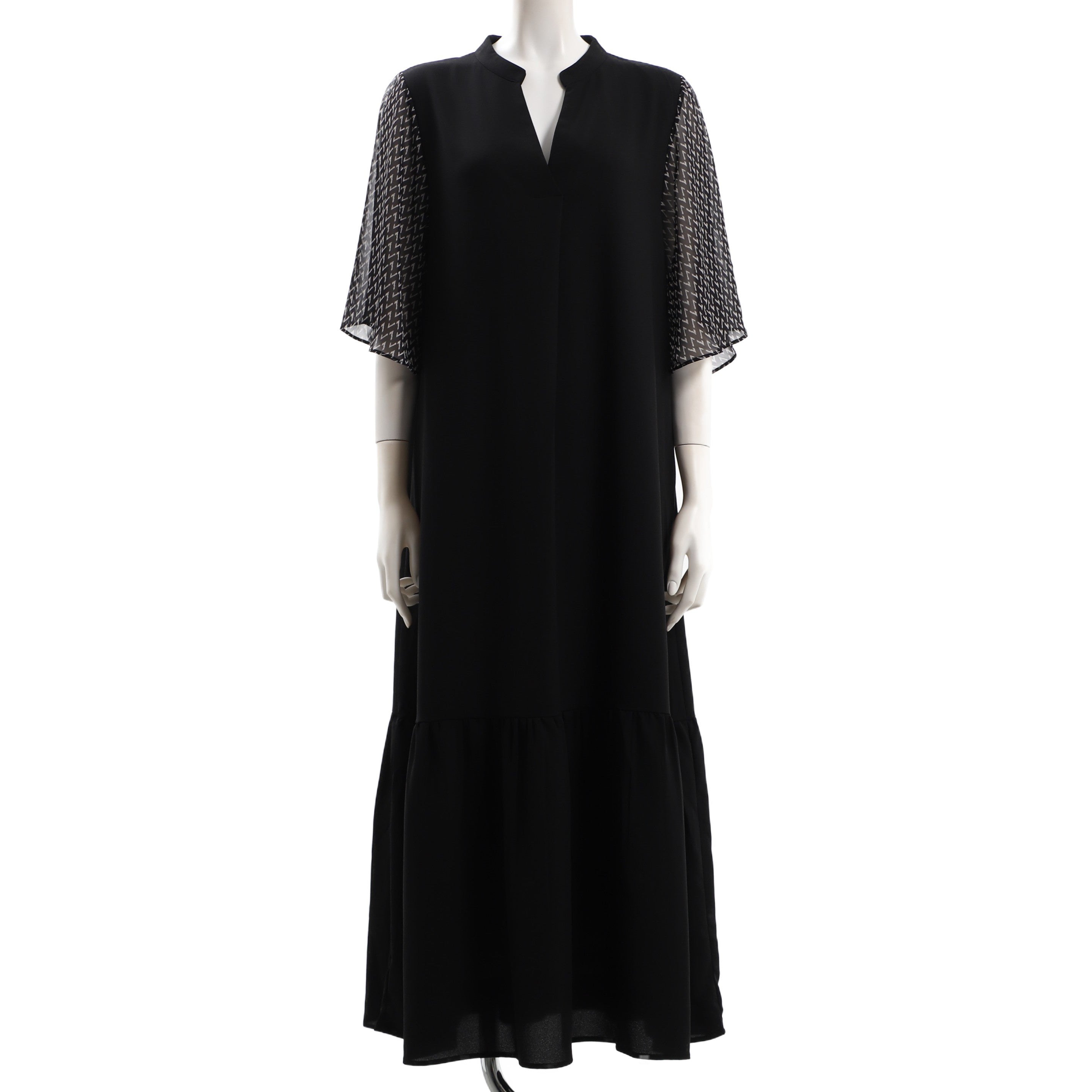 柄袖フレア裾切り替えティアードワンピース