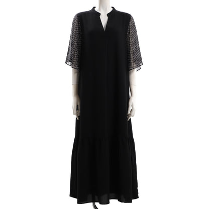 柄袖フレア裾切り替えティアードワンピース