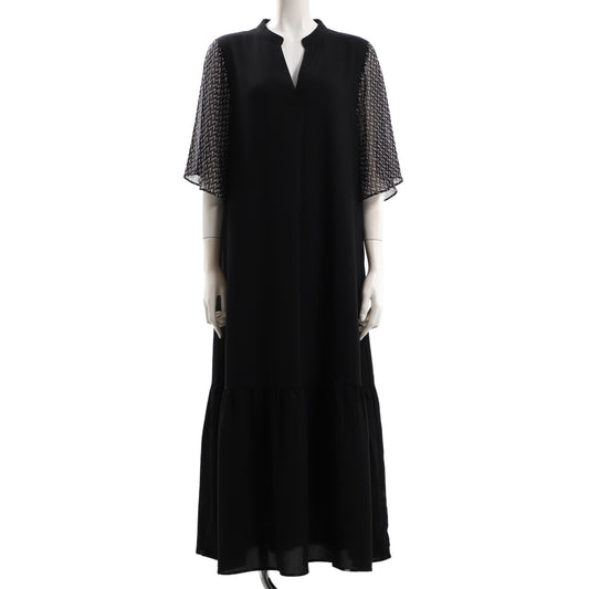 柄袖フレア裾切り替えティアードワンピース